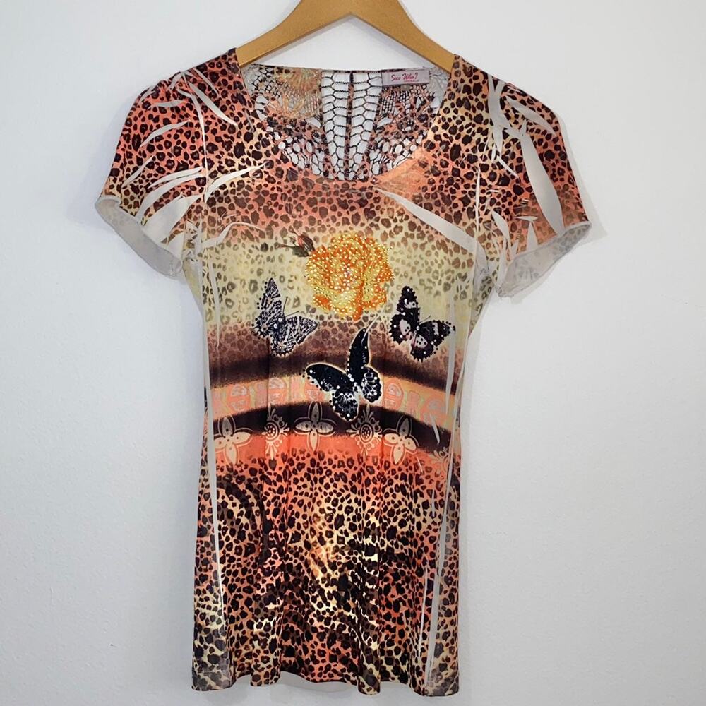 S VTG Y2k Sue Who Sublimation Embellished Studded Crochet Back Butterfly Tee - Picture 7 of 13